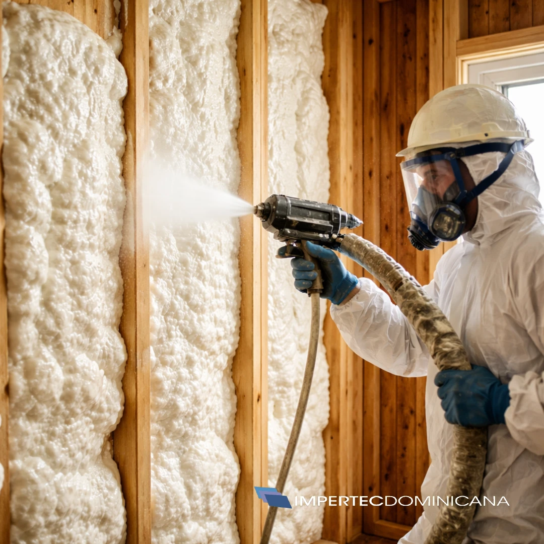 Aplicación de espuma de poliuretano para aislamiento térmico y control de humedad @ Impertec Dominicana, Santo Domingo, República Dominicana