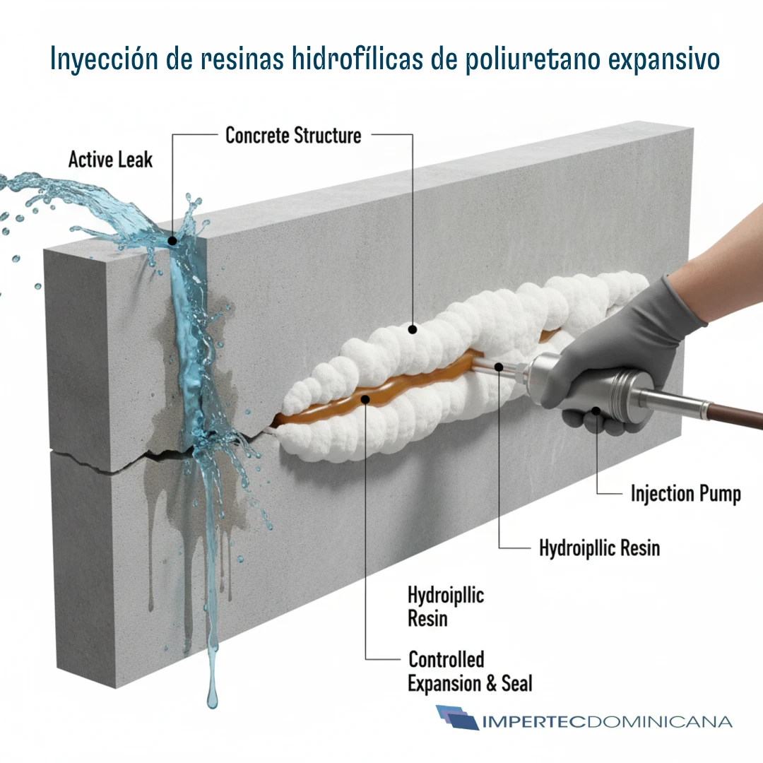 Inyección de resinas hidrofílicas de poliuretano expansivo @ Impertec Dominicana, Santo Domingo, República Dominicana